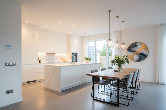 Модерна кухня с трапезария и добро осветление